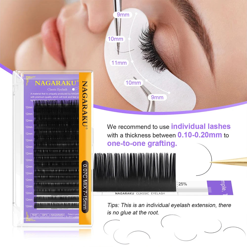 NAGARAKU 16Rows Classic Individual Eyelash Extension Lashes Matte Black Professional Soft Natural