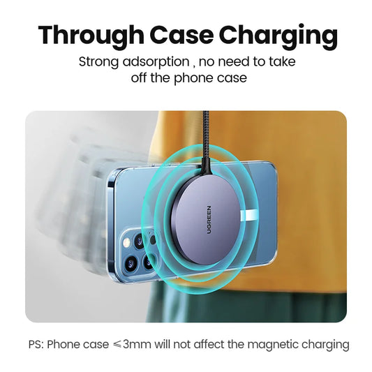 Charge your iPhone 15, 14, or 13 Pro Max wirelessly with the UGREEN Magnetic Wireless Charger.