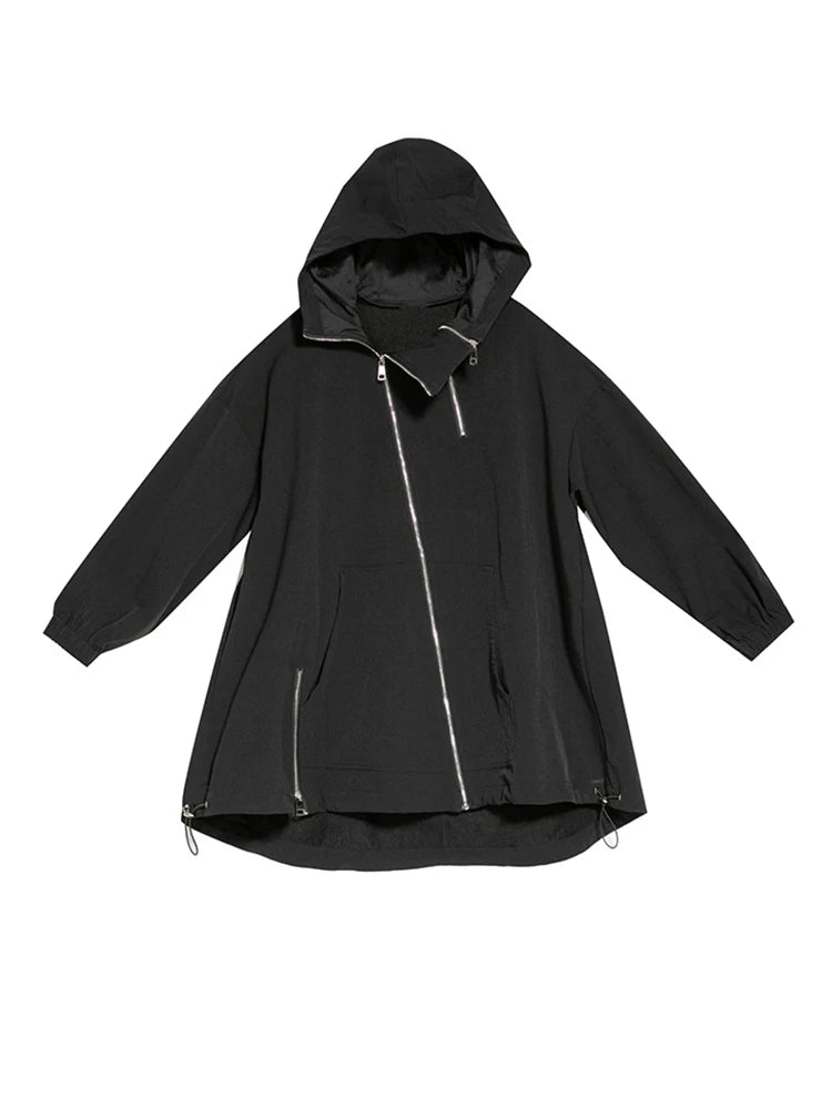 "[EAM] Introducing a New Fashion for Spring Autumn 2024: Loose Black Zipper Irregular Big Size Long Jacket with Hooded Long Sleeves - Women's Coat (Style Number: 1DF1658).