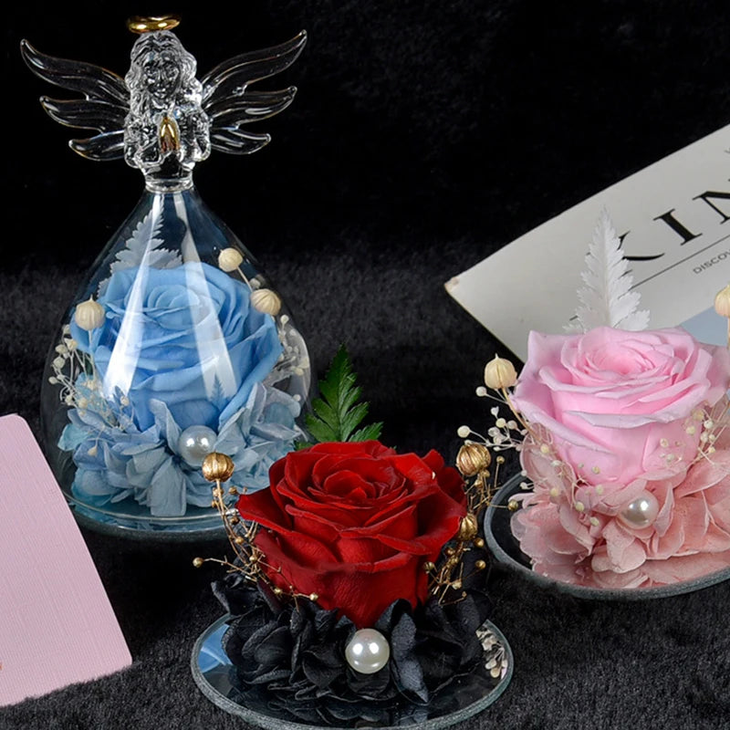 "One Set of Little Angel Preserved Roses in Glass: A Forever Eternal Rose Flower Set, Ideal for Christmas, Birthdays, Valentine's Day, Weddings, and Gifts for Women and Girls."