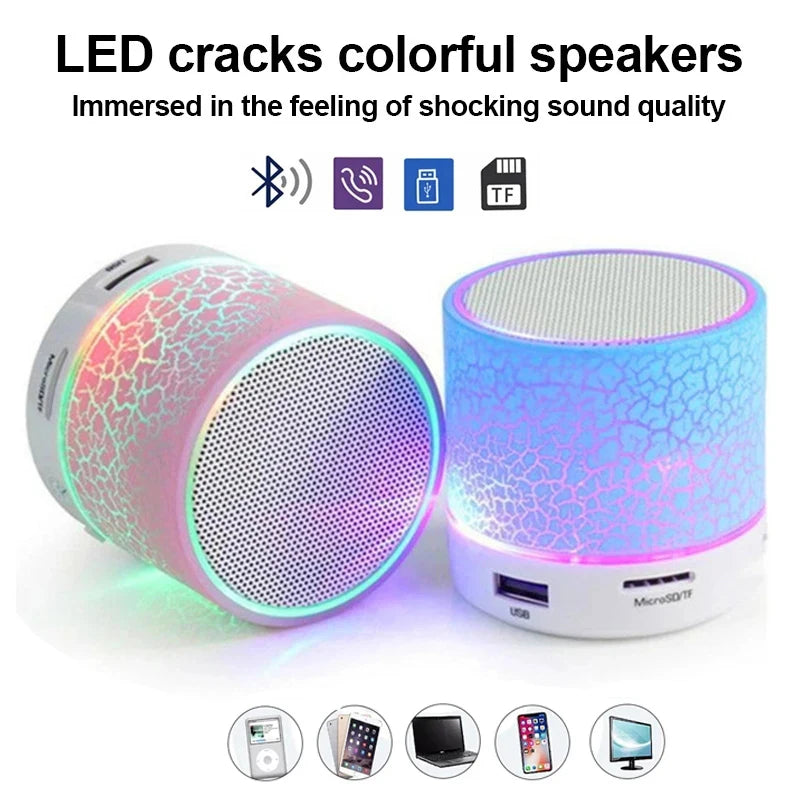 A9 Mini Portable Speaker: Bluetooth, dazzling LED lights, subwoofer, TF/SD card support, and USB charging—for versatile audio enjoyment.