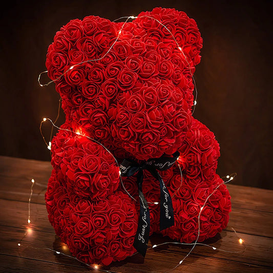 "Artificial Teddy Rose Bear with LED: A Romantic Valentine's Day or Wedding Decoration. This Rose Bear is a Delightful Home Party Addition and a Heartwarming Gift for Girlfriends or Anniversary Celebrations."