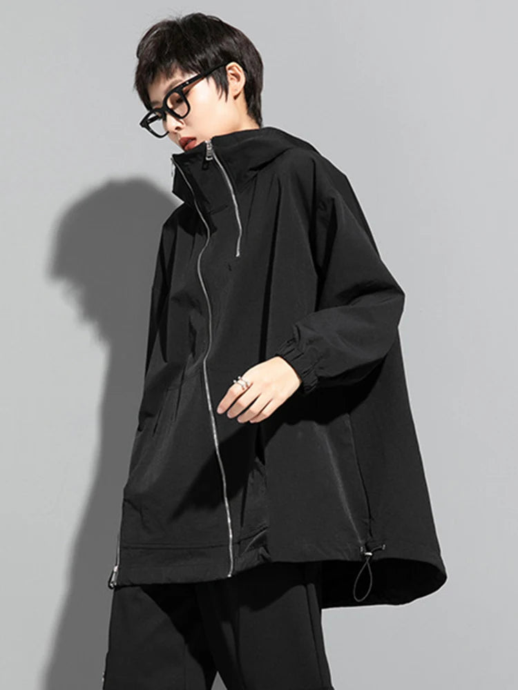 "[EAM] Introducing a New Fashion for Spring Autumn 2024: Loose Black Zipper Irregular Big Size Long Jacket with Hooded Long Sleeves - Women's Coat (Style Number: 1DF1658).