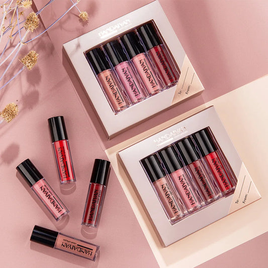 Discover the HANDAIYAN 4-piece set of liquid matte lipsticks, offering free shipping. These lip glosses are non-stick, waterproof, and sourced from Korean cosmetics, perfect for women who love makeup.