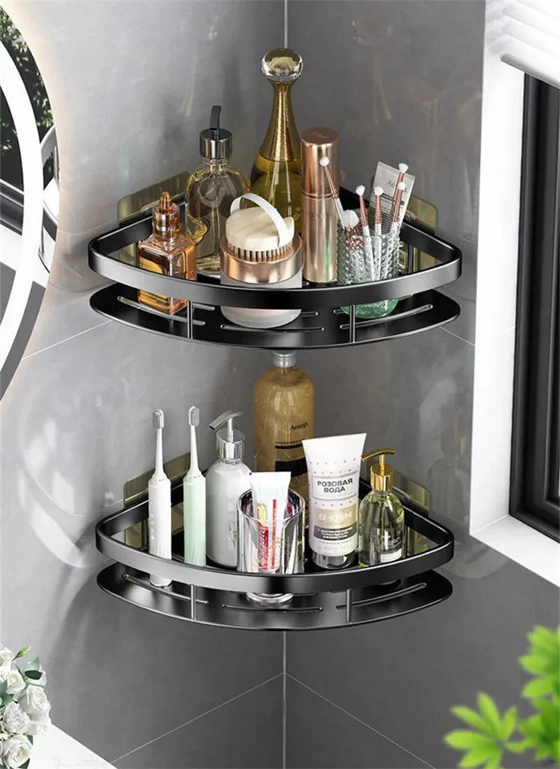 Aluminum Alloy Storage Organizer for Bathroom or Kitchen - Multi-Purpose Shelf for Shampoo, Shower Essentials, and Other Bathroom Accessories, No-Drill Installation.