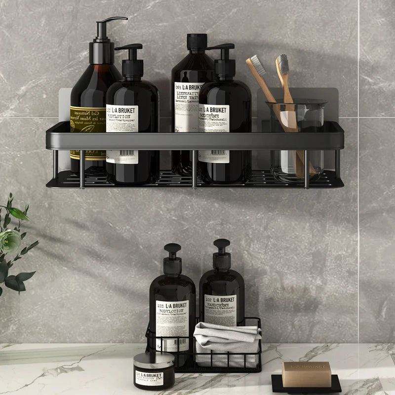 Aluminum Alloy Storage Organizer for Bathroom or Kitchen - Multi-Purpose Shelf for Shampoo, Shower Essentials, and Other Bathroom Accessories, No-Drill Installation.