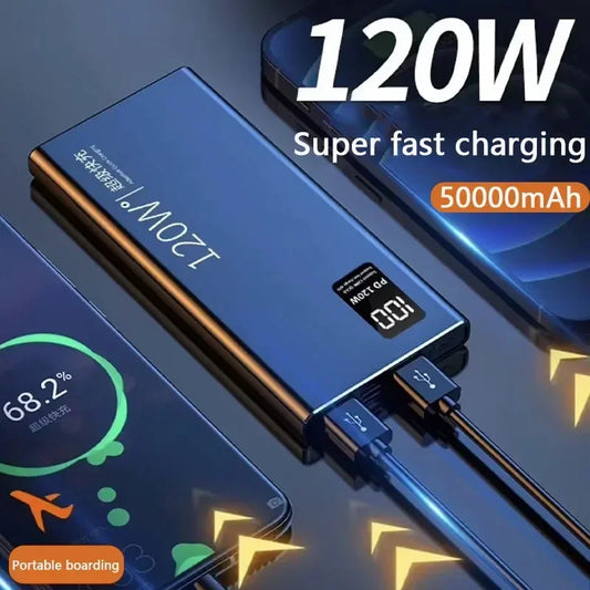 A high-capacity power bank with 120W output and 50000mAh capacity, designed for fast charging. This portable battery charger is compatible with iPhones, Samsung devices, and Huawei smartphones.