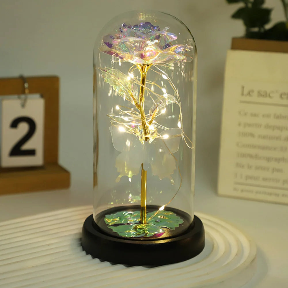 "Fantasy Butterfly Rose Gift Box: LED Enchanted Galaxy Rose, an Eternal Rose Foil Flower Illuminated by Fairy Lights in a Dome. A Magical Valentine's Day Gift to Delight Your Loved One."