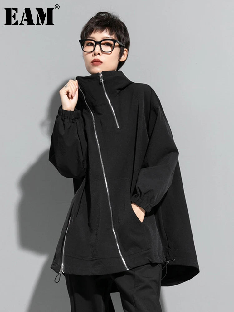 "[EAM] Introducing a New Fashion for Spring Autumn 2024: Loose Black Zipper Irregular Big Size Long Jacket with Hooded Long Sleeves - Women's Coat (Style Number: 1DF1658).