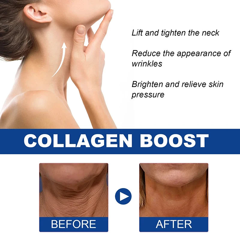 Try our Neck Collagen Whitening Cream: fades wrinkles, moisturizes, tightens, and reduces fine lines for youthful skin.