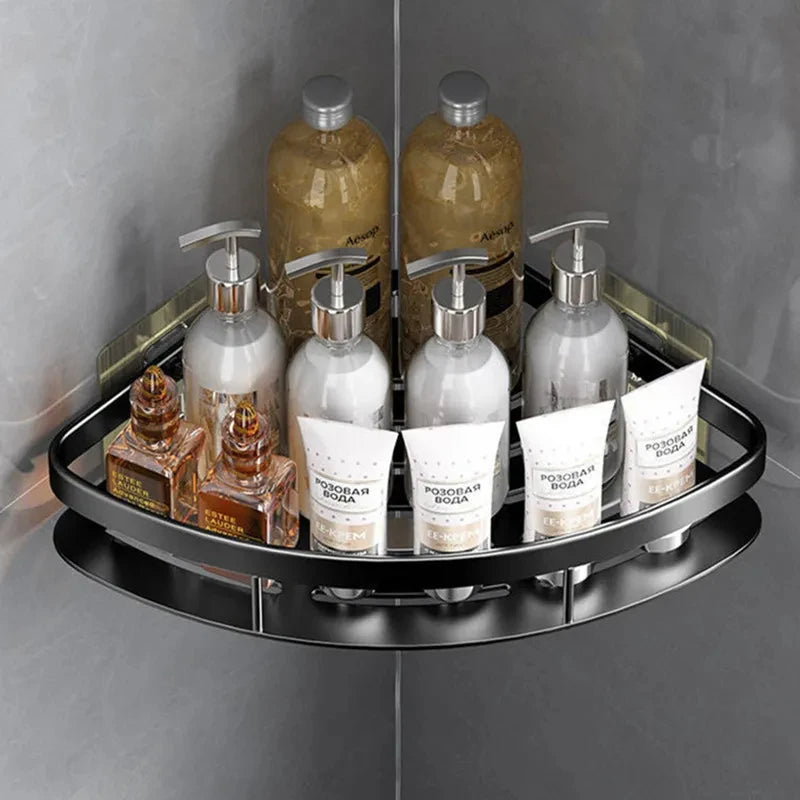 Aluminum Alloy Storage Organizer for Bathroom or Kitchen - Multi-Purpose Shelf for Shampoo, Shower Essentials, and Other Bathroom Accessories, No-Drill Installation.