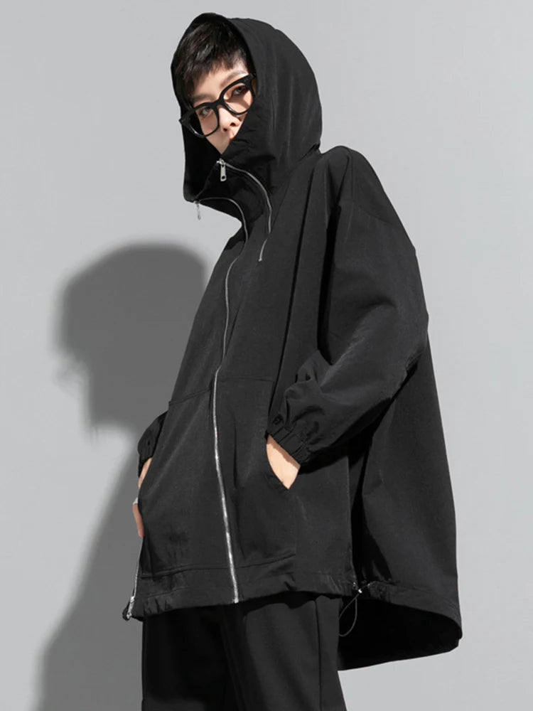 "[EAM] Introducing a New Fashion for Spring Autumn 2024: Loose Black Zipper Irregular Big Size Long Jacket with Hooded Long Sleeves - Women's Coat (Style Number: 1DF1658).