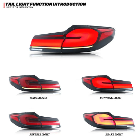 Upgrade your BMW 530, 540, M5 (2017-2022) with these eye-catching LED tail lights! Featuring DRL, plug-and-play setup, flashing indicators, and dynamic steering. Get yours today!