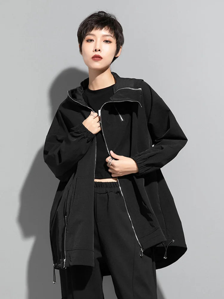 "[EAM] Introducing a New Fashion for Spring Autumn 2024: Loose Black Zipper Irregular Big Size Long Jacket with Hooded Long Sleeves - Women's Coat (Style Number: 1DF1658).