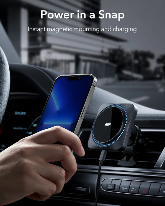 Charge your iPhone 15, 14, 13, and 12 Pro Max on the go with the ESR Magnetic Car Charger. It features CryoBoost cooling and functions as a MagSafe wireless car mount for convenient use on air vents.