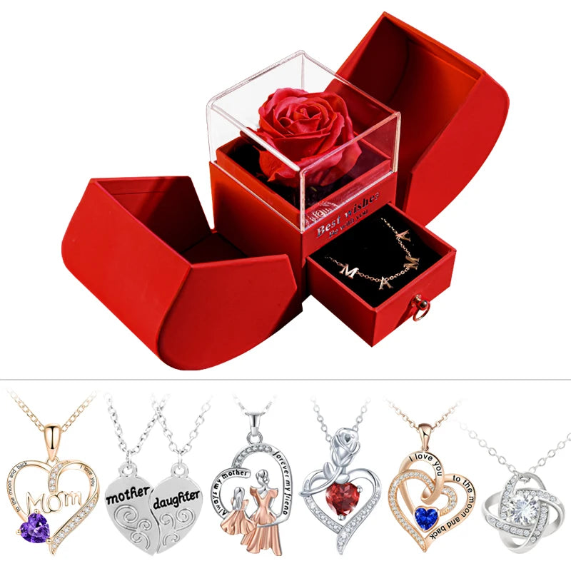 "A Gift Box for Women: Eternal Rose Apple with Crystal Heart Necklace, Love Soap Flower, and Jewelry Box - Perfect for Valentine's, Weddings, Birthdays and Mothers day.
