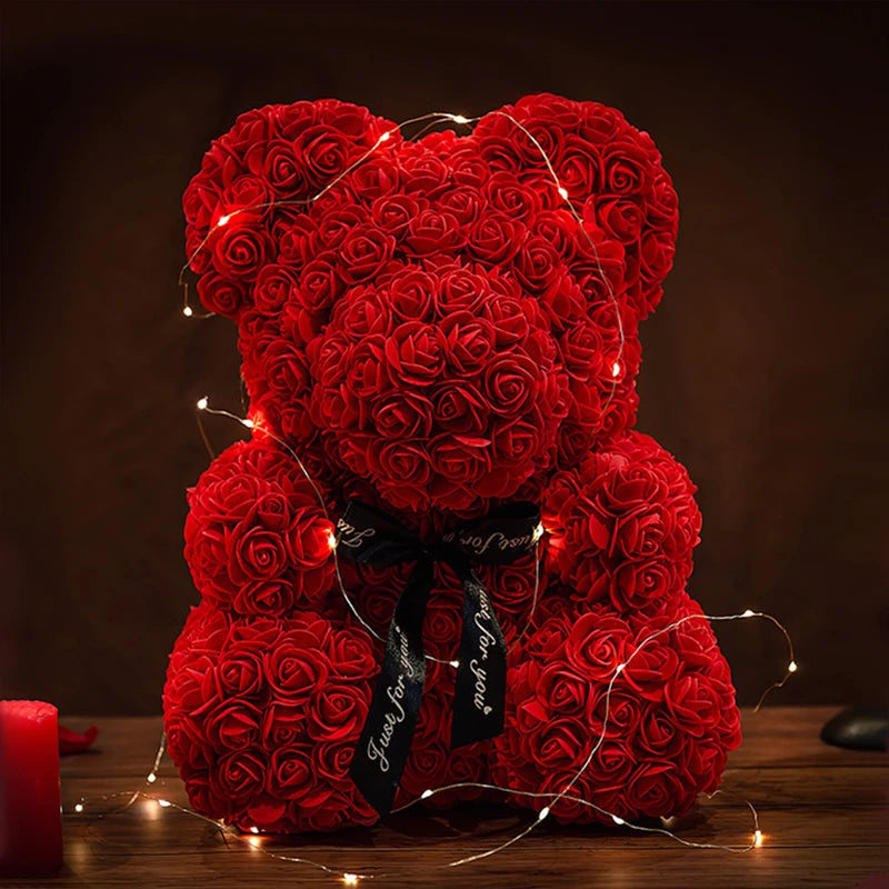 "Artificial Teddy Rose Bear with LED: A Romantic Valentine's Day or Wedding Decoration. This Rose Bear is a Delightful Home Party Addition and a Heartwarming Gift for Girlfriends or Anniversary Celebrations."