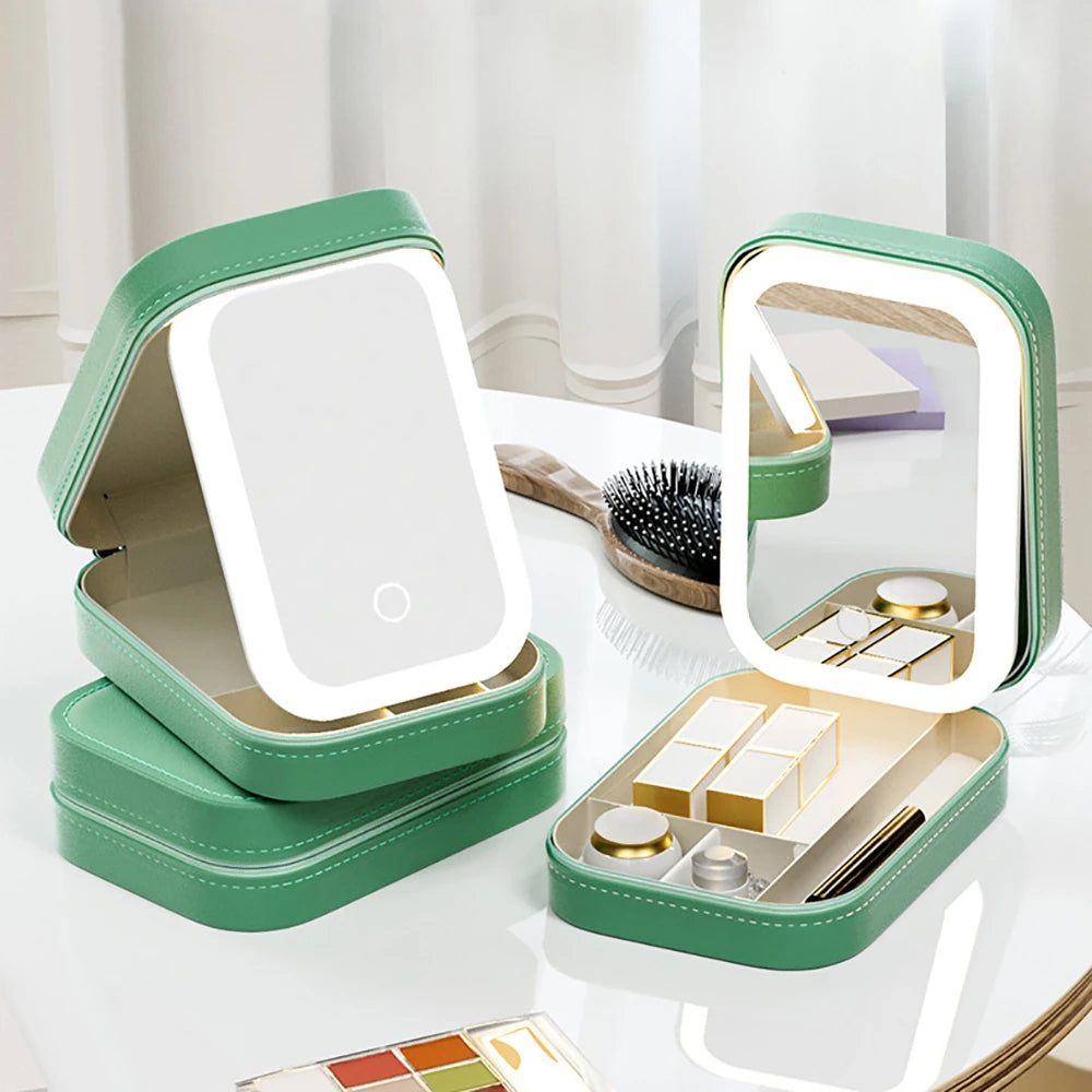 Organize your cosmetics in style with our Makeup Storage Box. This sleek PU leather bag features a built-in LED light mirror and adjustable brightness for convenient touch-ups anywhere.