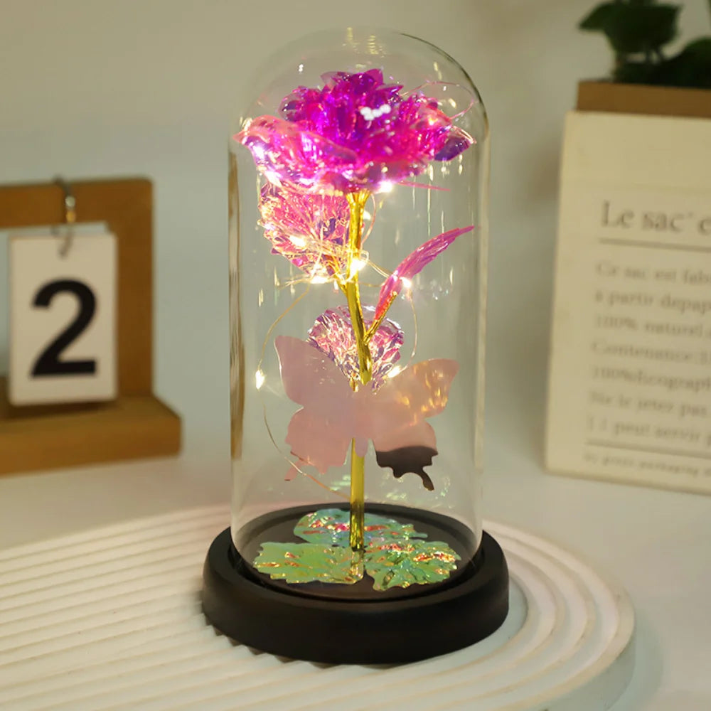 "Fantasy Butterfly Rose Gift Box: LED Enchanted Galaxy Rose, an Eternal Rose Foil Flower Illuminated by Fairy Lights in a Dome. A Magical Valentine's Day Gift to Delight Your Loved One."